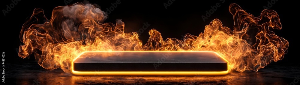 Fototapeta premium A black canvas featuring bright tongues of fire and curling smoke creating an intricate visual effect
