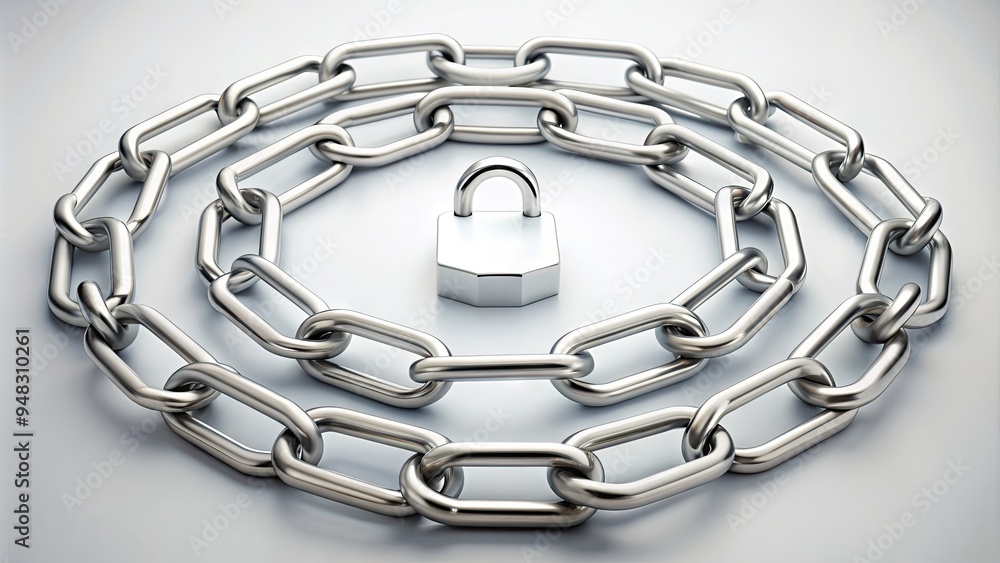 A Minimalist White Background with a Series of Connected Circular Links in a Chain Formation, Accompanied by a Small Silver Padlock Icon. A Minimalist White Background with a Series of Connected Circular Links in a Chain Formation, Accompanied by a Small Silver Padlock Icon.