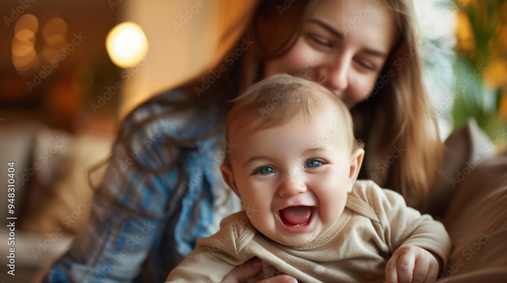 Mother playing with her baby, both laughing and enjoying each other’s company Mother playing with her baby, both laughing and enjoying each other’s company