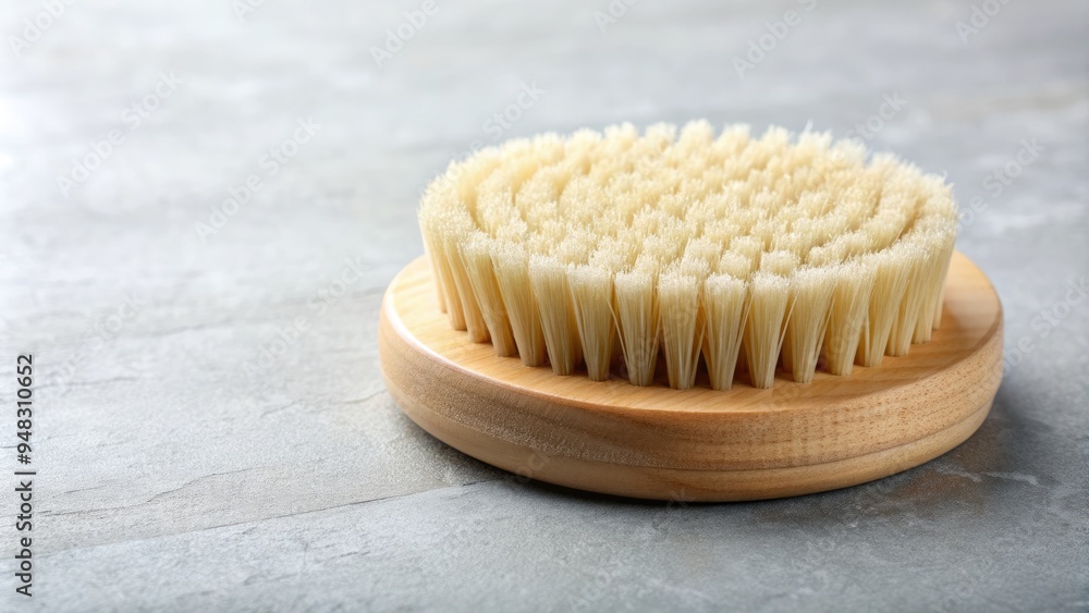 A modern, circular massage brush with soft bristles lies on a clean surface, ready to exfoliate and nourish the skin, with ample copy space. A modern, circular massage brush with soft bristles lies on a clean surface, ready to exfoliate and nourish the skin, with ample copy space.