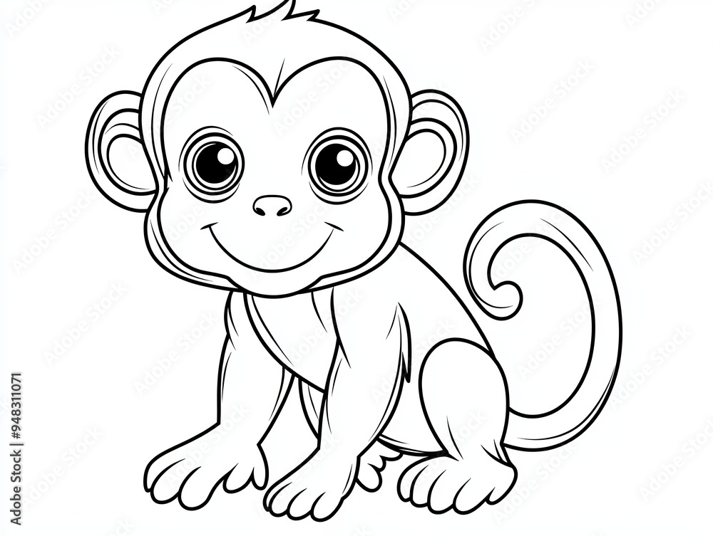 A cute cartoon monkey with big eyes and a happy expression, sitting with its tail curled. A cute cartoon monkey with big eyes and a happy expression, sitting with its tail curled.