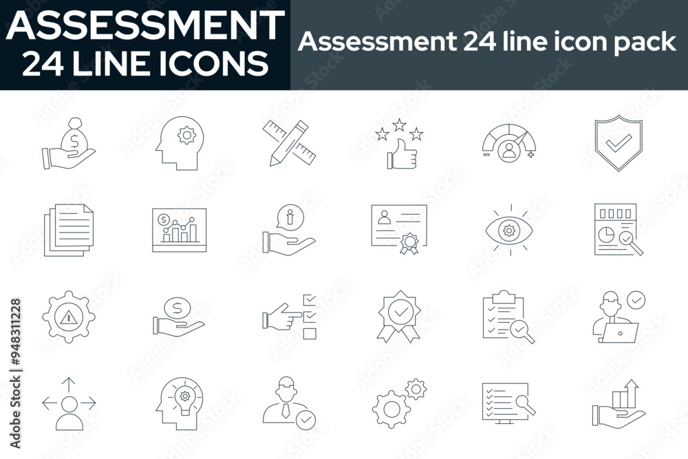 Collection of 24 assessment line icons. These design elements are suitable for your projects and are provided as vector illustrations. Collection of 24 assessment line icons. These design elements are suitable for your projects and are provided as vector illustrations.