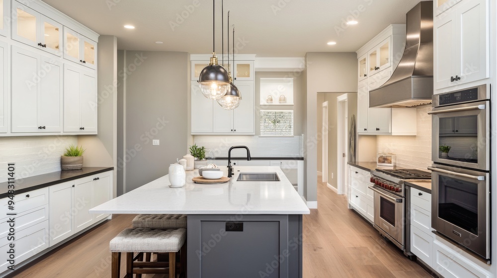 A kitchen with a white island and a black countertop A kitchen with a white island and a black countertop