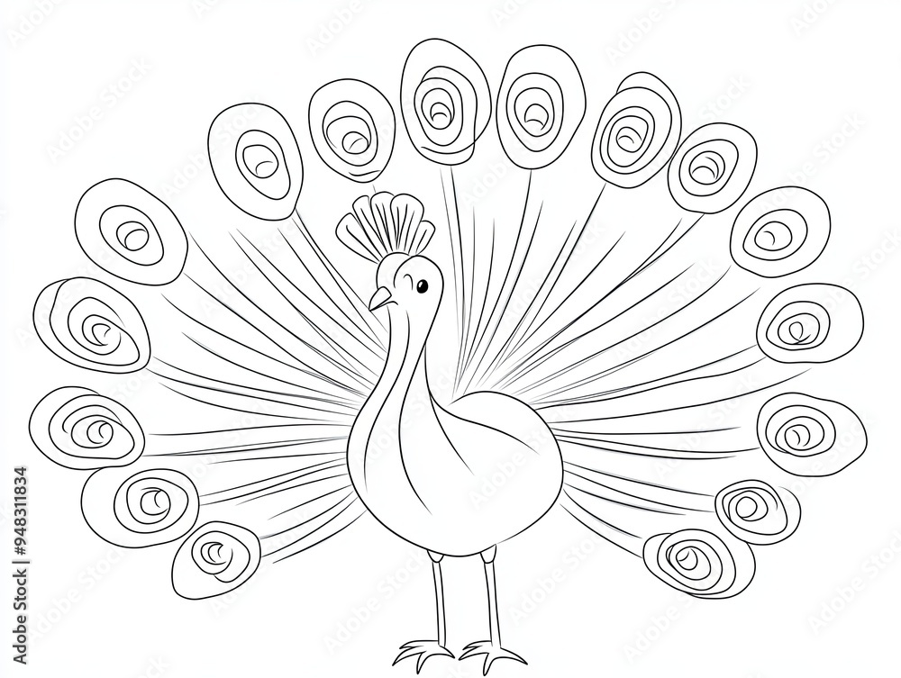 A line drawing of a peacock with its tail feathers spread out. A line drawing of a peacock with its tail feathers spread out.