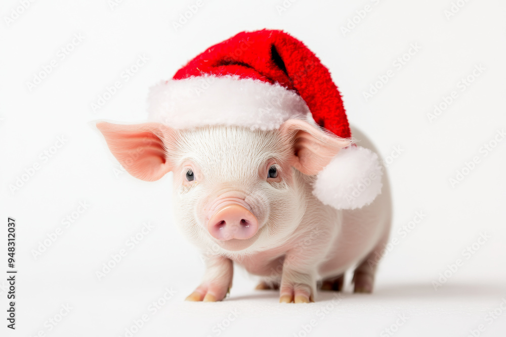 Pig wearing Santa Claus hat isolated on white background with copy space Pig wearing Santa Claus hat isolated on white background with copy space