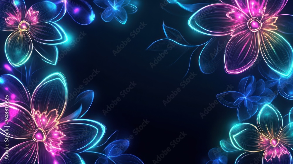 Neon floral art with glowing petals and dark background. Neon floral art with glowing petals and dark background.