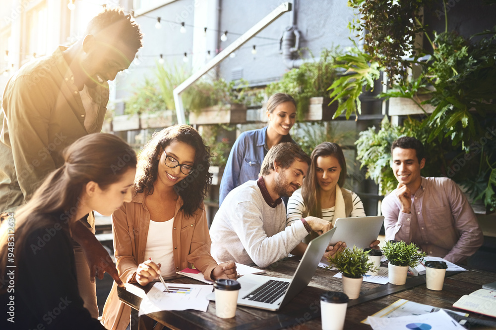 Fototapeta premium People, meeting or paper at table for small business, budget planning or marketing strategy in coffee shop. Startup, team or stats on documents for brainstorming, company finance growth or discussion