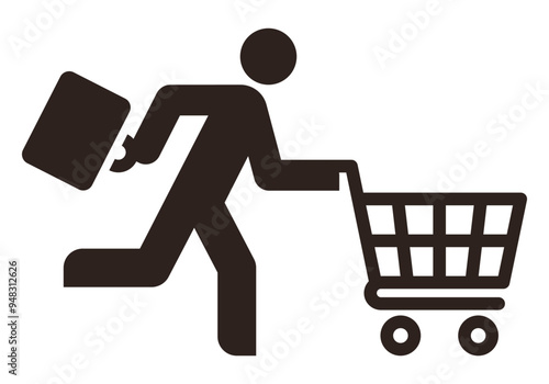Man running with shopping trolley . Shopping, active shopping and spending. Time management concept