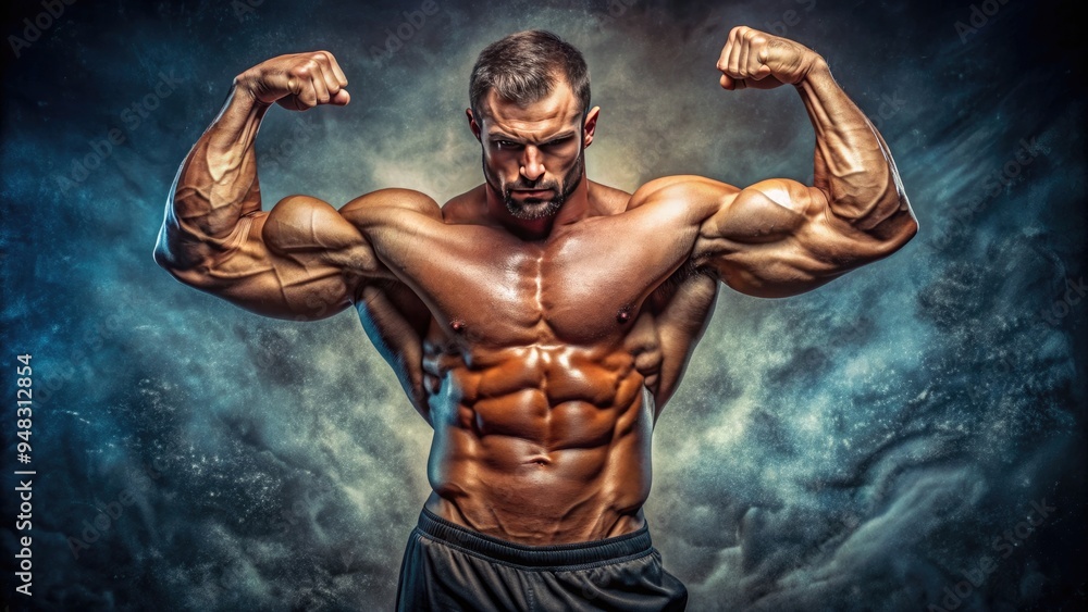 Obraz premium A muscular, heroic figure with a bold expression and ripped physique, flexing his giant arm muscles in a classic strongman pose, set against a bold background.