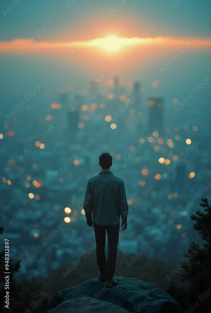 Solitary Man Overlooking a City at Sunset Solitary Man Overlooking a City at Sunset