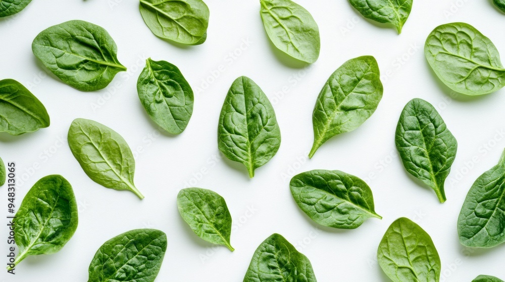 A close-up of fresh, vibrant green spinach leaves arranged neatly on a white background, showcasing their texture and crispness. A close-up of fresh, vibrant green spinach leaves arranged neatly on a white background, showcasing their texture and crispness.