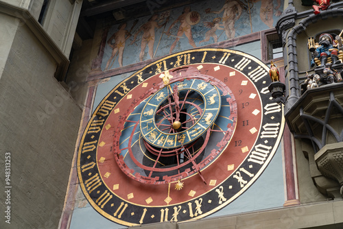 Astronomical clock on the medieval Zytglogge clock tower in Kramgasse street in old city center of Bern, Switzerland