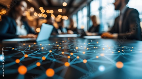 Wallpaper Mural Roundtable Brainstorming: Professionals brainstorming at a roundtable, with a blurred network background showcasing collaboration and innovative thinking. Torontodigital.ca