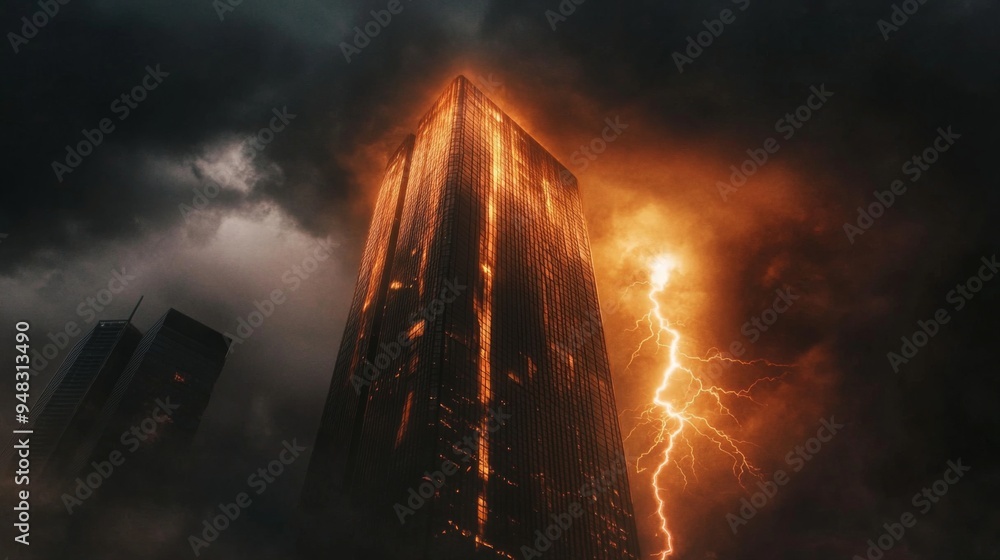 Fototapeta premium A close-up of lightning striking a tall building or landmark, with the flash illuminating the dark clouds and creating a stark contrast against the night sky.