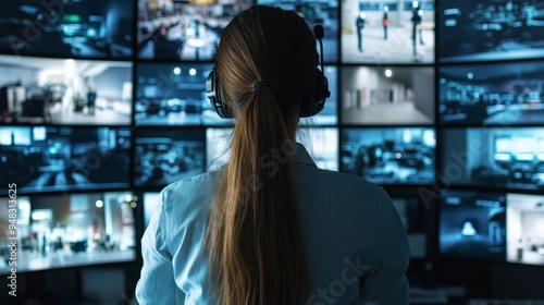 A dedicated female security camera operator monitors multiple screens displaying live footage, ensuring safety and security. She represents vigilance, responsibility, and technological expertise in th