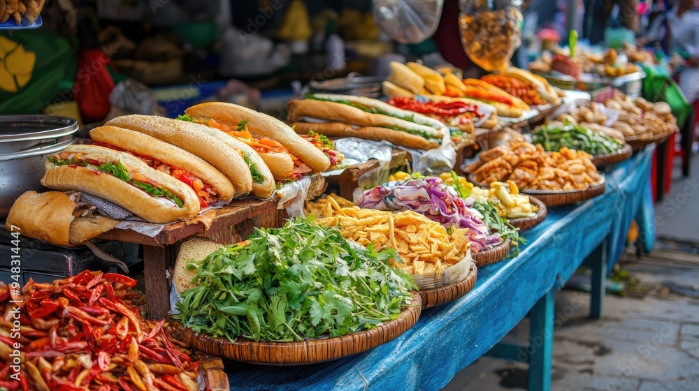 Fototapeta premium Street vendor in Vietnam selling Banh Mi sandwiches, with a colorful array of ingredients on display and the energy of the street market.