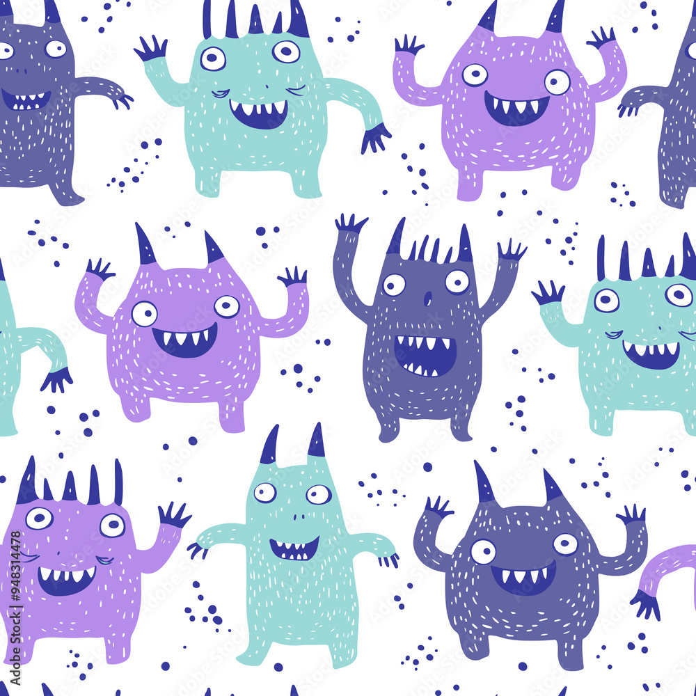 Purple monsters background. Hand drawing monsters seamless print design. Purple monsters background. Hand drawing monsters seamless print design.