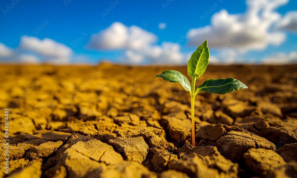 Dry soil of an arid area, with just one green sprout growing in it Dry soil of an arid area, with just one green sprout growing in it