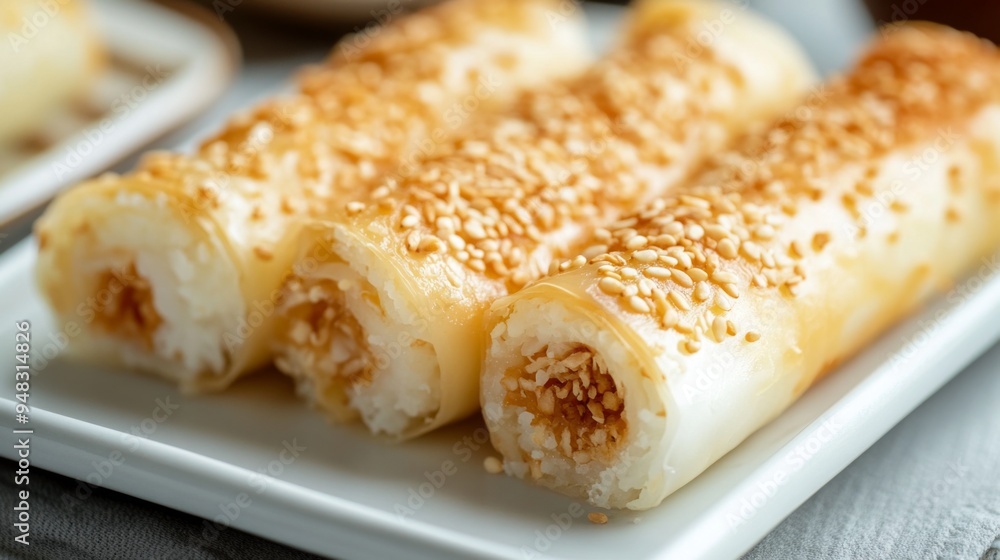 A close-up of traditional Thai dessert rolls filled with sweet coconut and sesame seeds, displayed on a white plate for a clean and appetizing look. A close-up of traditional Thai dessert rolls filled with sweet coconut and sesame seeds, displayed on a white plate for a clean and appetizing look.