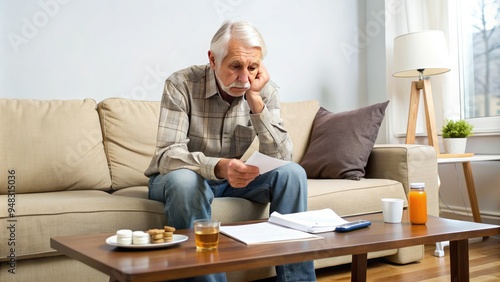 An older adult sits alone on a couch, surrounded by unpaid bills, foreclosure notices, and empty pill bottles, conveying a sense of financial insecurity. photo