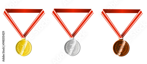 Gold, Silver, and Bronze Medals with Red and White Ribbons - Award Symbols for First, Second, and Third Place Achievements in Competitions and Sports Championships - Vector Illustration