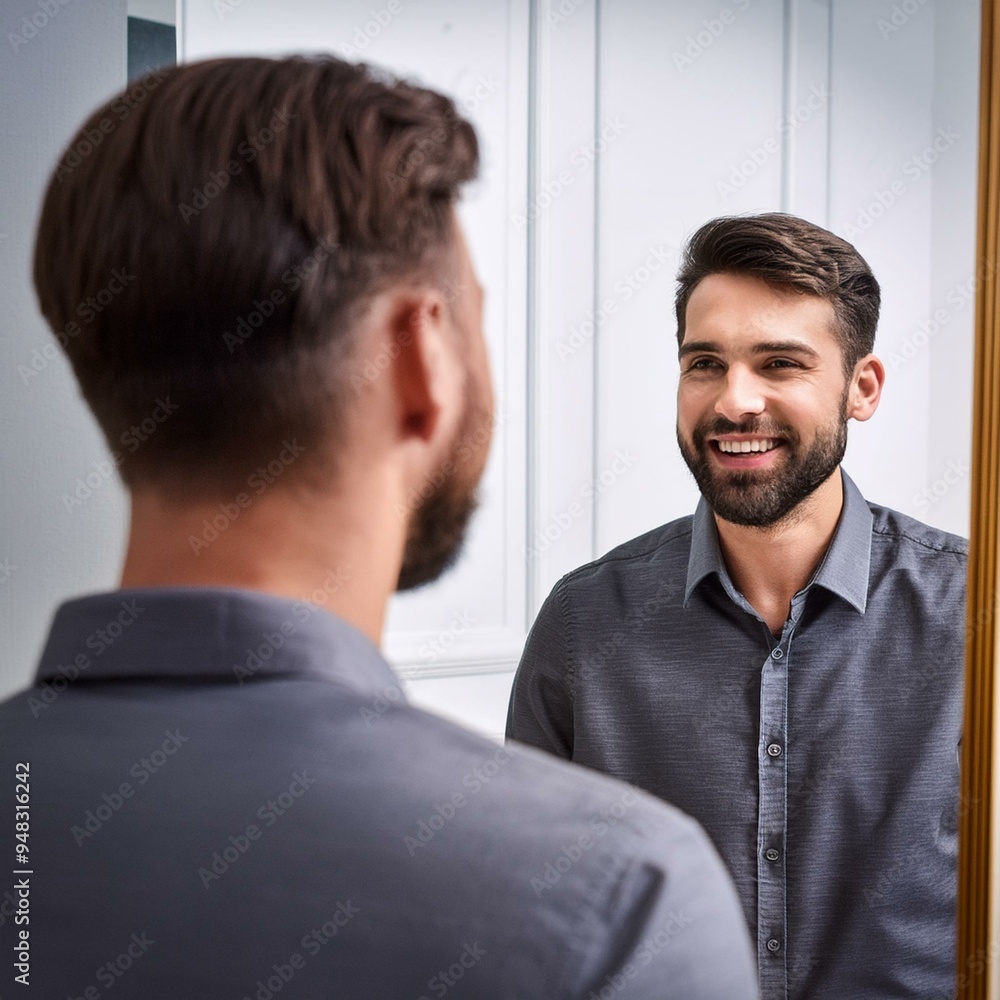 Person smiling at their reflection in a mirror. Person smiling at their reflection in a mirror.