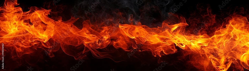 A black background with swirling smoke and vivid tongues of orange and red fire illuminating the scene A black background with swirling smoke and vivid tongues of orange and red fire illuminating the scene