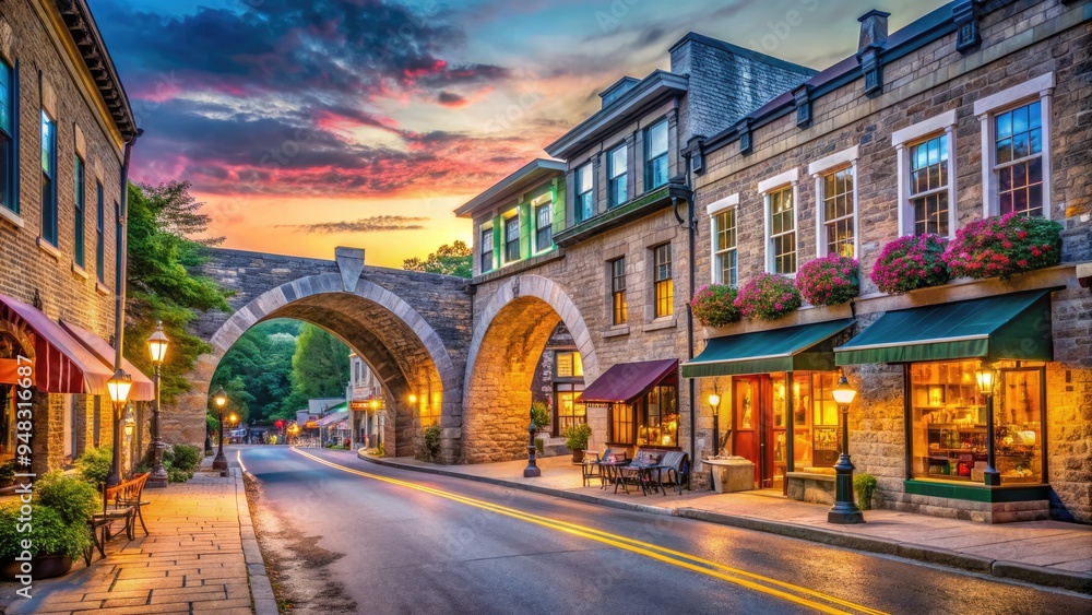 Fototapeta premium A picturesque small-town scene featuring a charming Main Street lined with shops and restaurants, framed by a historic stone arch bridge at dusk.