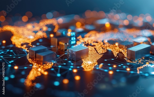 Abstract rendering of global supply chains influenced by economic policy, visualized through interconnected data streams photo