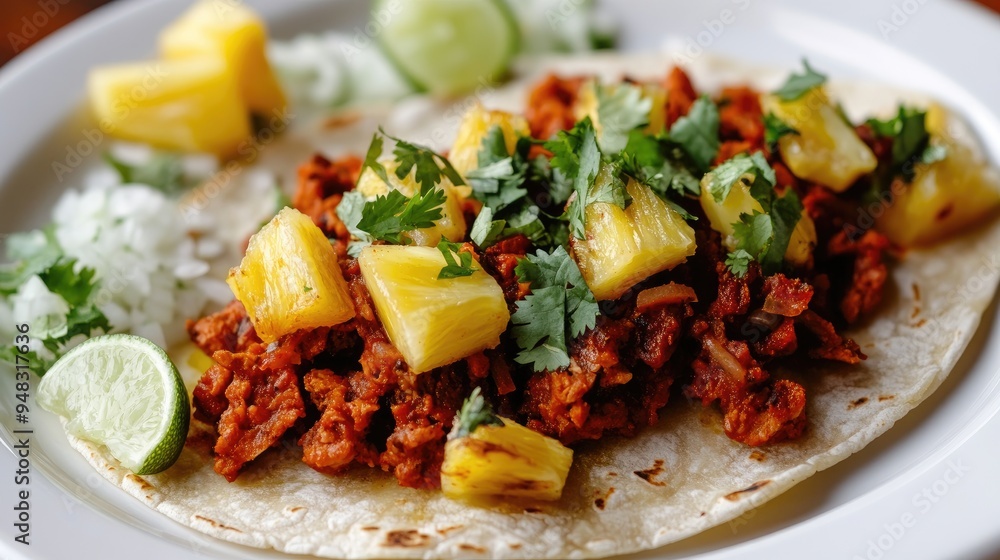 Top view of Tacos al Pastor served on a white plate, garnished with fresh cilantro, onion, and pineapple slices. Mexican Food.