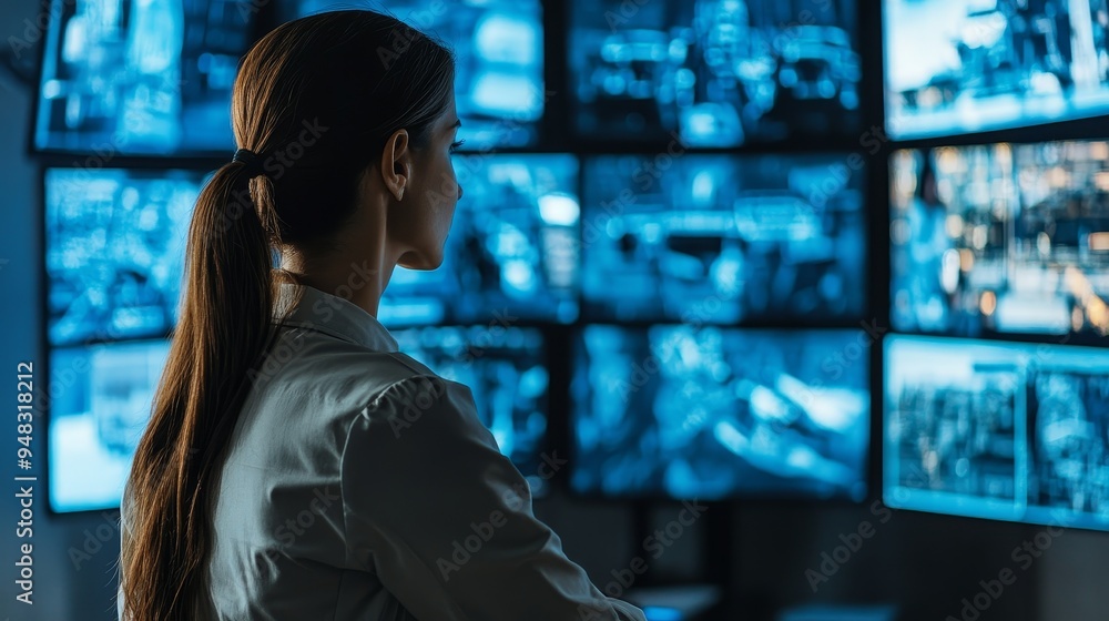 A focused female security camera operator intently monitors a wall of screens displaying live feeds from surveillance cameras. She represents vigilance, technology, safety, and professional expertise A focused female security camera operator intently monitors a wall of screens displaying live feeds from surveillance cameras. She represents vigilance, technology, safety, and professional expertise