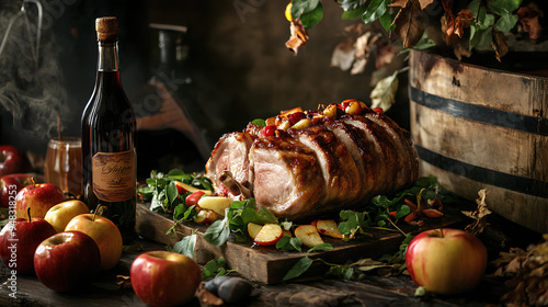  Roasted pork with apple and herbs, on a wooden table, next to a bottle of wine, in a dark, photo