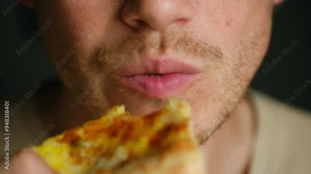 Bearded man bites off slice of cheesy pizza resting at home. Guy chews enjoying delicious taste of unhealthy snack with crispy edges for dinner Bearded man bites off slice of cheesy pizza resting at home. Guy chews enjoying delicious taste of unhealthy snack with crispy edges for dinner