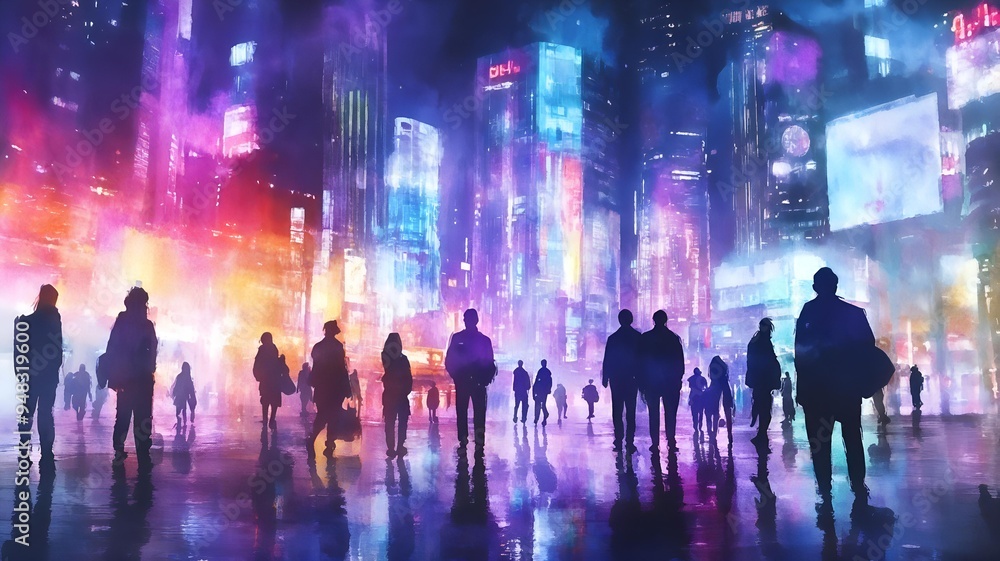 futuristic modern city at night crowd of people futuristic modern city at night crowd of people