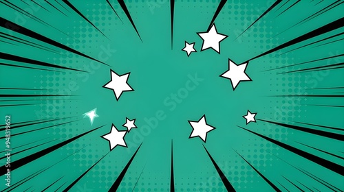 Pop art green background with star and lines, green comic background