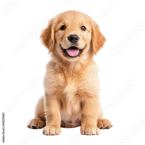 A cheerful golden retriever puppy sitting and smiling, perfect for conveying joy and companionship in pet-related themes.
