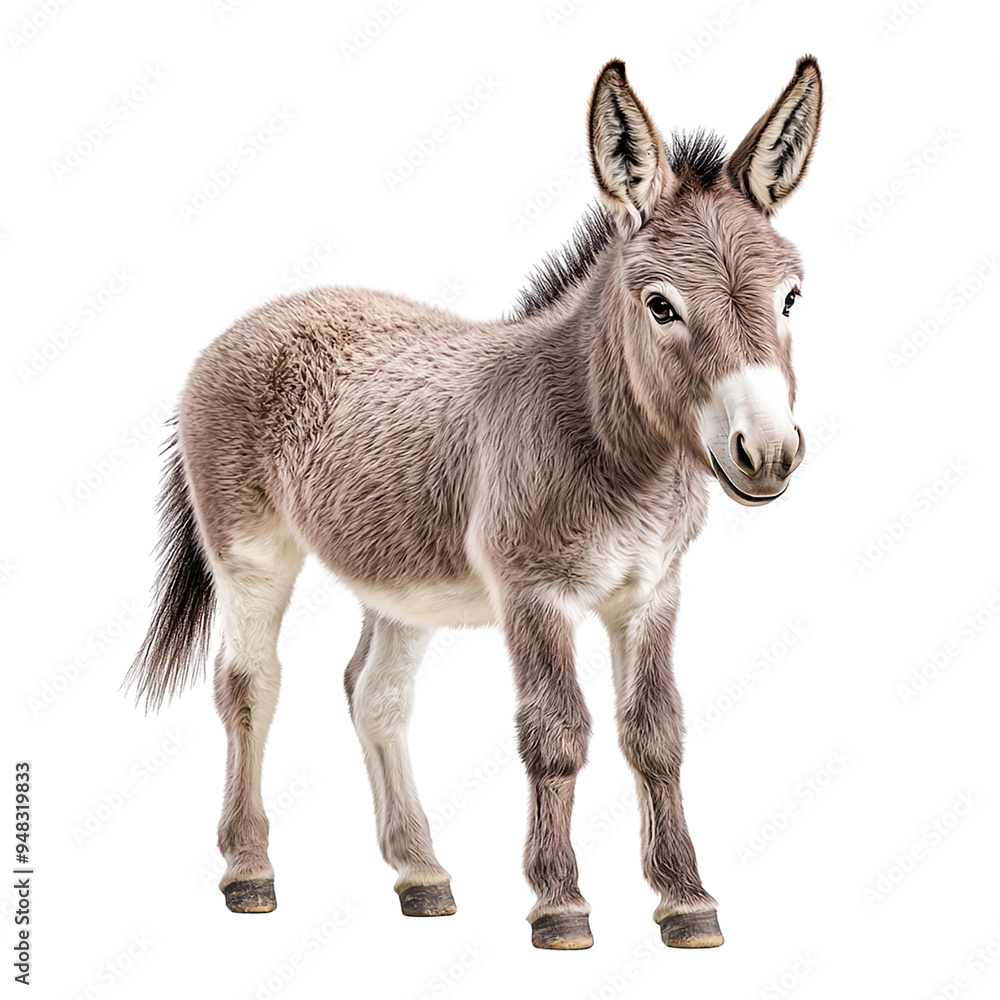 A cute and fluffy donkey standing proudly, showcasing its soft fur and expressive features in a charming pose. A cute and fluffy donkey standing proudly, showcasing its soft fur and expressive features in a charming pose.