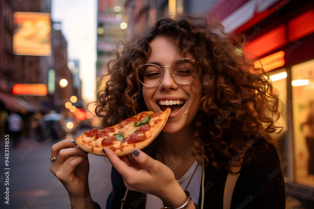 woman eating pizza on the street woman eating pizza on the street