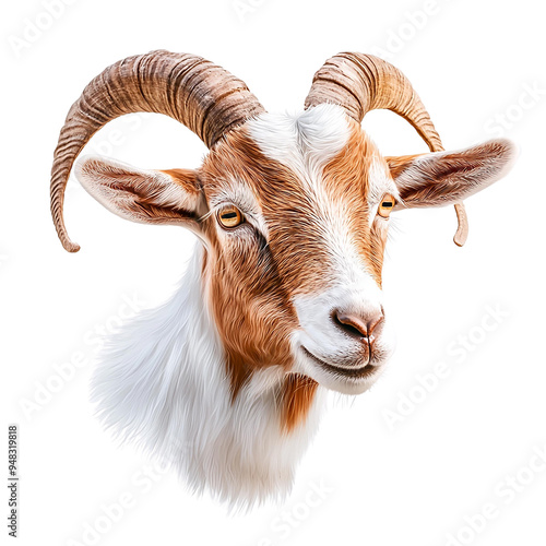 A close-up portrait of a rustic goat with expressive eyes and prominent horns, showcasing its unique features and charm. photo