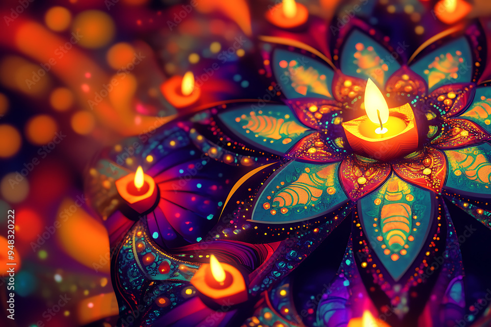 A vibrant and colorful abstract digital background celebrating Diwali, featuring traditional elements like lamps (diyas), patterns, and bright colors A vibrant and colorful abstract digital background celebrating Diwali, featuring traditional elements like lamps (diyas), patterns, and bright colors