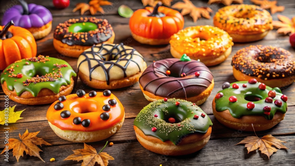 Festively decorated Halloween donuts with spooky designs and colorful toppings Festively decorated Halloween donuts with spooky designs and colorful toppings