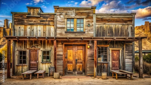 A rugged, sun-bleached saloon exterior with old wooden doors, worn stone walls, and rusty metal signs, evoking a classic American Wild West atmosphere.