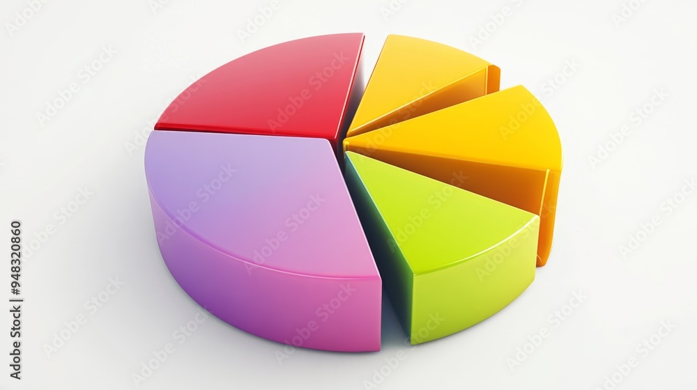 Obraz premium A detailed 3D pie chart with vibrant segments, showcasing different data slices and their proportions, set against a clean, white background.