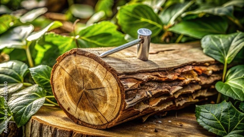 A rustic wooden log with a shiny silver nail hammered into its center, surrounded by leaves and twigs, symbolizing strength and connection in nature. photo