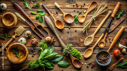 A rustic wooden spoon lies on a weathered wooden table, surrounded by scattered wooden utensils and earthy kitchen elements, evoking a cozy, natural atmosphere. photo