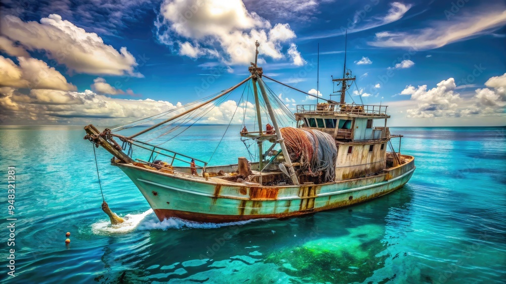 A rusty old deep-sea fishing trawler navigates through calm turquoise waters, its worn nets and reels spread out on the deck, surrounded by endless ocean. A rusty old deep-sea fishing trawler navigates through calm turquoise waters, its worn nets and reels spread out on the deck, surrounded by endless ocean.