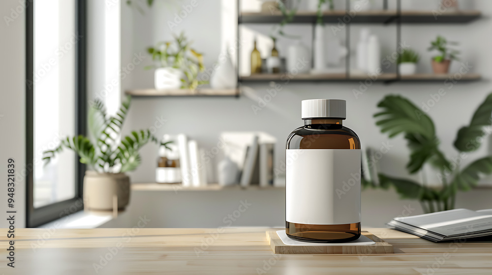 A glass bottle with a blank label sits on a wooden table in a modern home. The bottle is in focus, while the background is blurred and features plants and shelves. A glass bottle with a blank label sits on a wooden table in a modern home. The bottle is in focus, while the background is blurred and features plants and shelves.