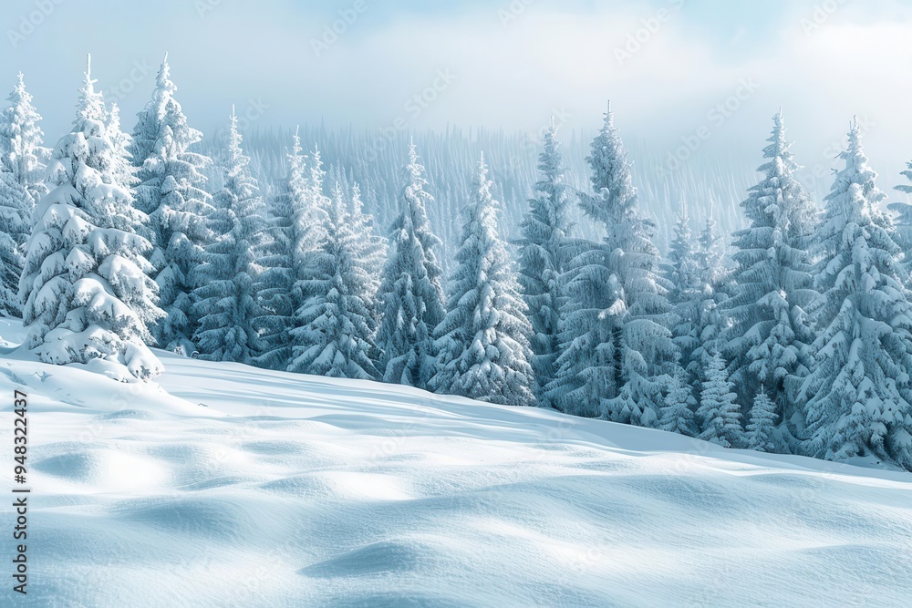 Snow-covered pine trees in a winter landscape, winter background, frosty tranquility Snow-covered pine trees in a winter landscape, winter background, frosty tranquility