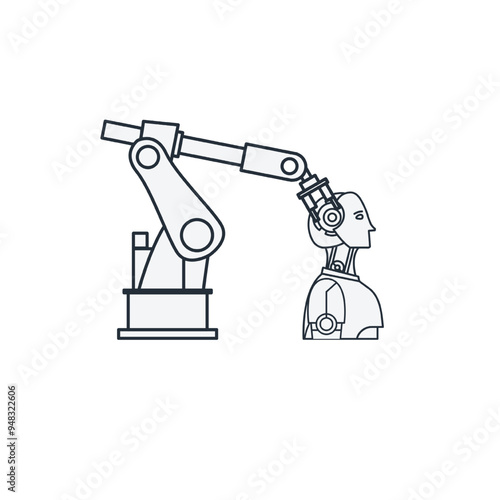 Vector artwork of a robotic machine and man in black and white on a white background