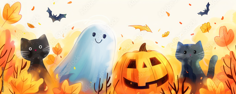 A cute Halloween scene featuring two black cats, a smiling ghost, and a Jack-o'-lantern surrounded by autumn leaves. A cute Halloween scene featuring two black cats, a smiling ghost, and a Jack-o'-lantern surrounded by autumn leaves.